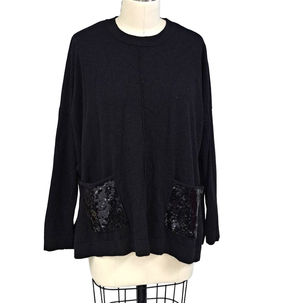 Donna Karan black wool knit lagenlook sweater w/sequin pockets S